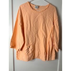Donna 100 Linen Peach Pullover Shirt Top 3/4 Sleeve Pocket XL Made in USA